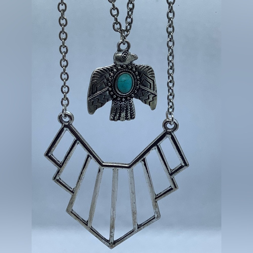 Eagle Double Chain Necklace - Silver Tone